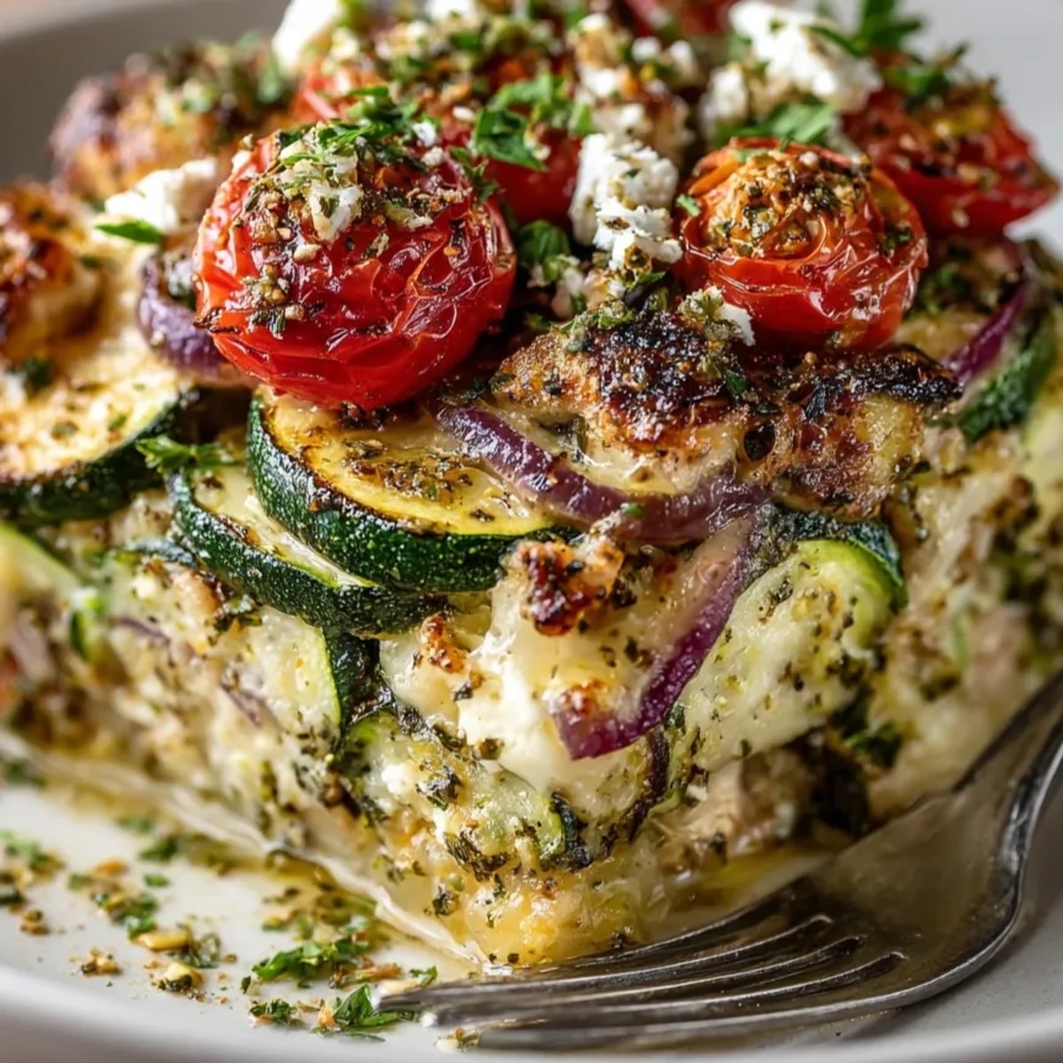 Freshly baked Mediterranean Chicken Zucchini Bake with golden feta and vibrant vegetables, ready to serve.