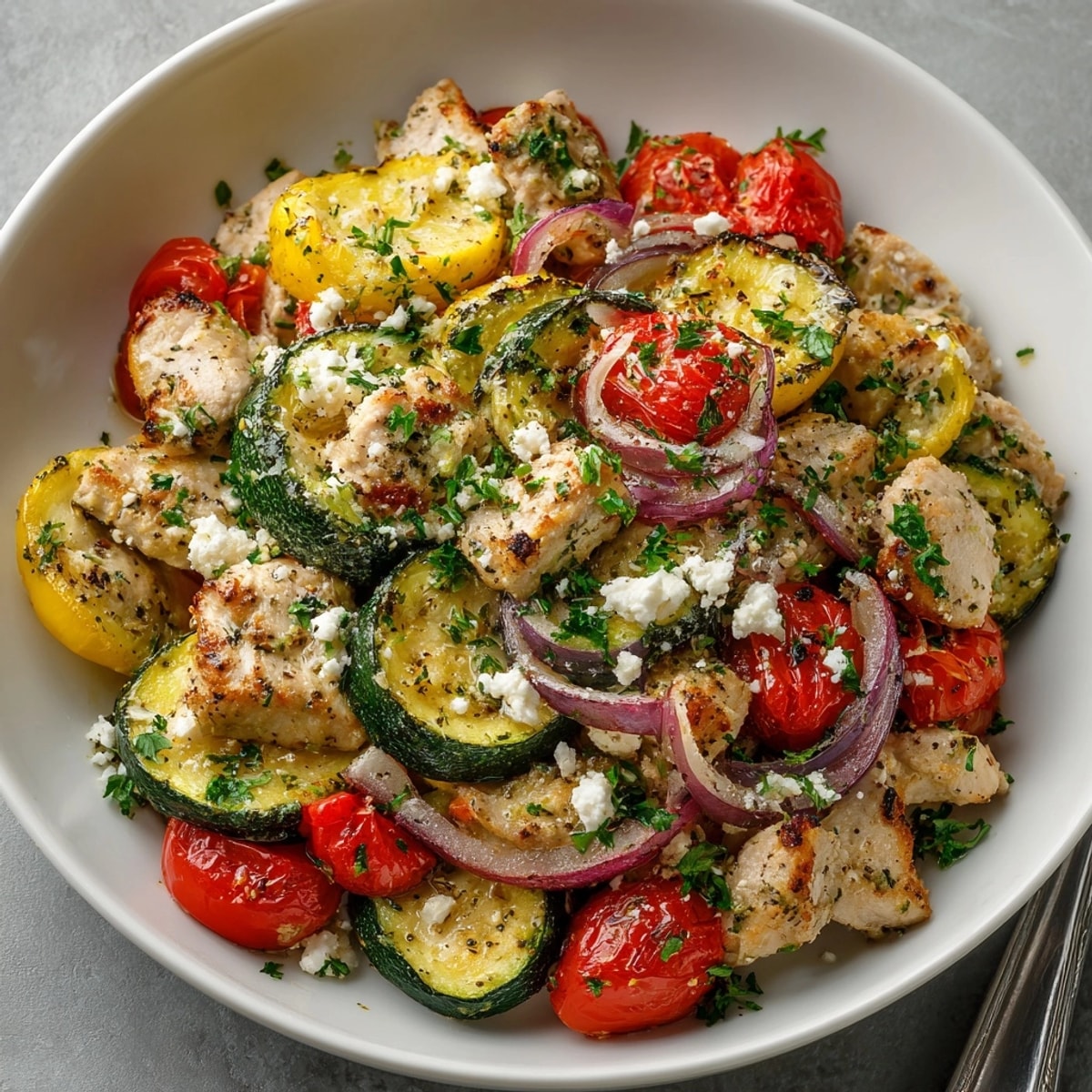 Mediterranean Chicken Zucchini Bake featuring juicy chicken, colorful garden veggies, and crumbled feta cheese.