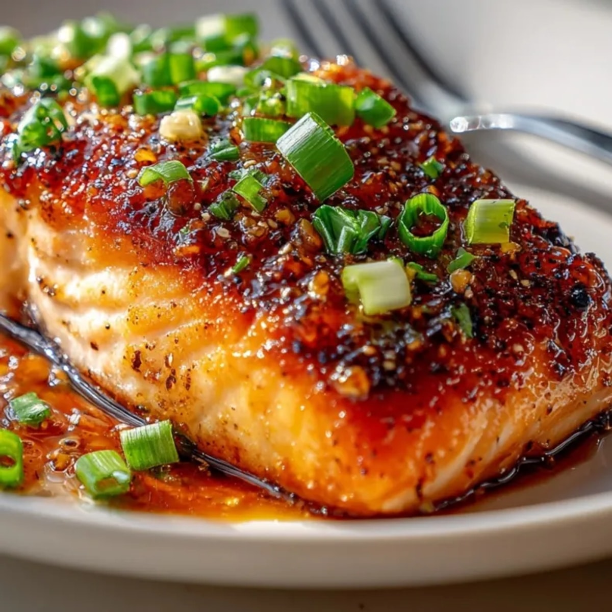 Easy Crispy Honey Garlic Glazed Salmon Recipe served golden with caramelized glaze and green onion garnish.