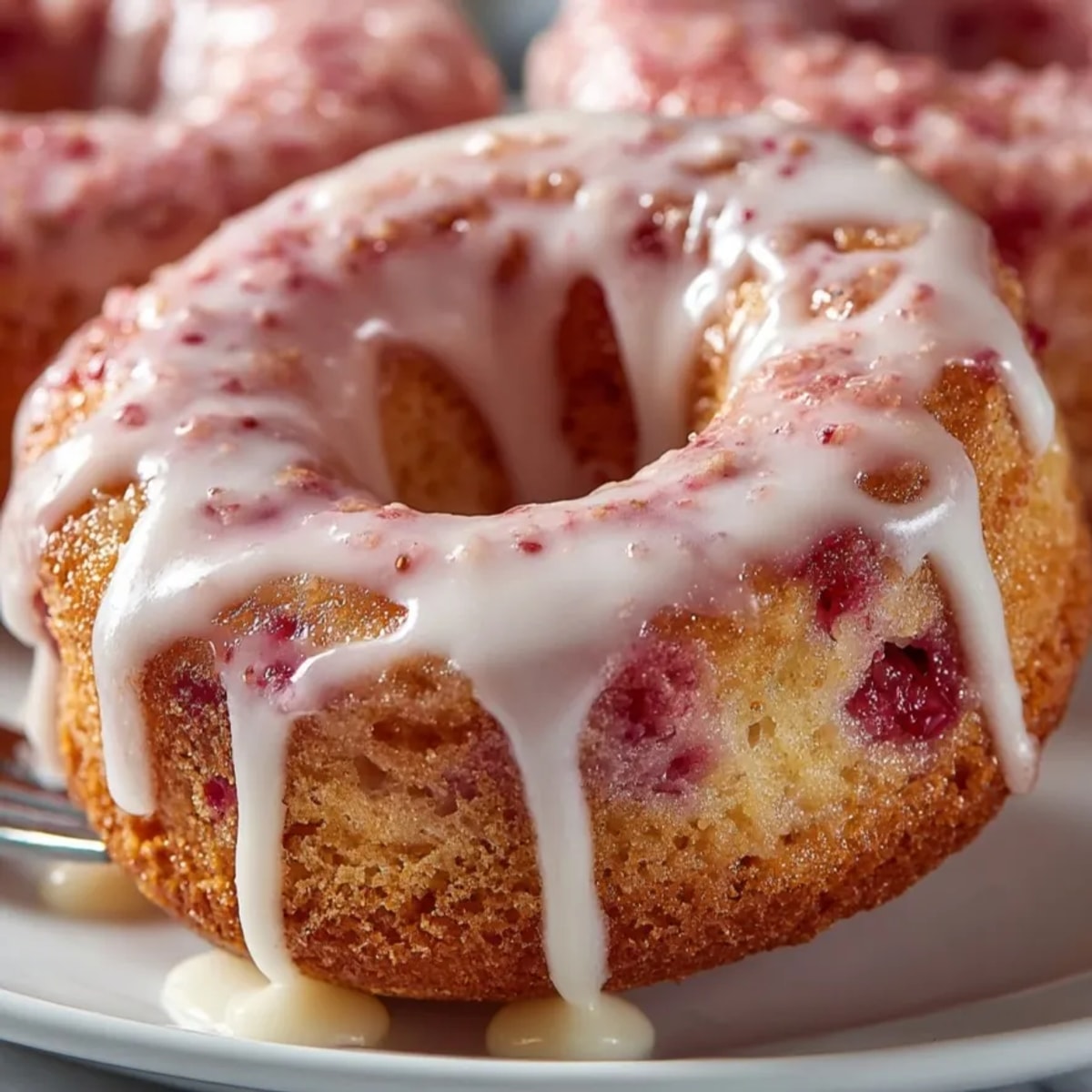 Freshly baked strawberry donuts with a sweet glaze dripping, perfect for breakfast or dessert.