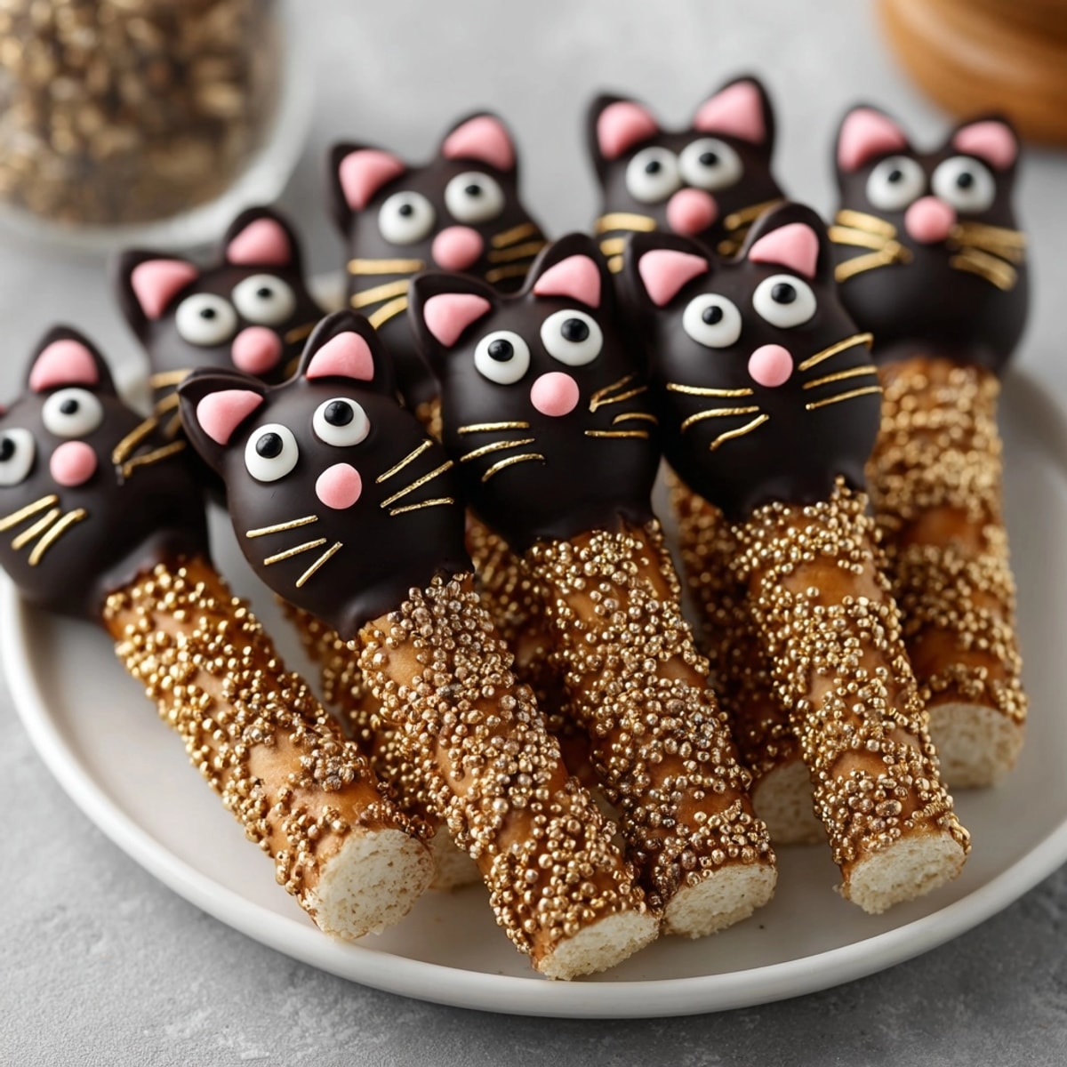 Rich chocolate covered Black Cat Pretzel Rods with candy eyes and licorice whiskers.