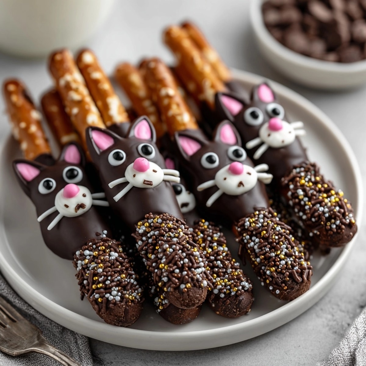 Homemade Halloween Black Cat Pretzel Rods: a festive, kid-friendly treat with crunchy, sweet taste.