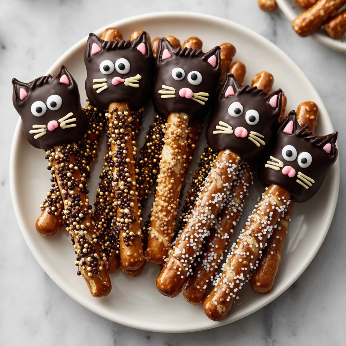 Easy Black Cat Pretzel Rods recipe; dipped in chocolate and adorned with playful features.