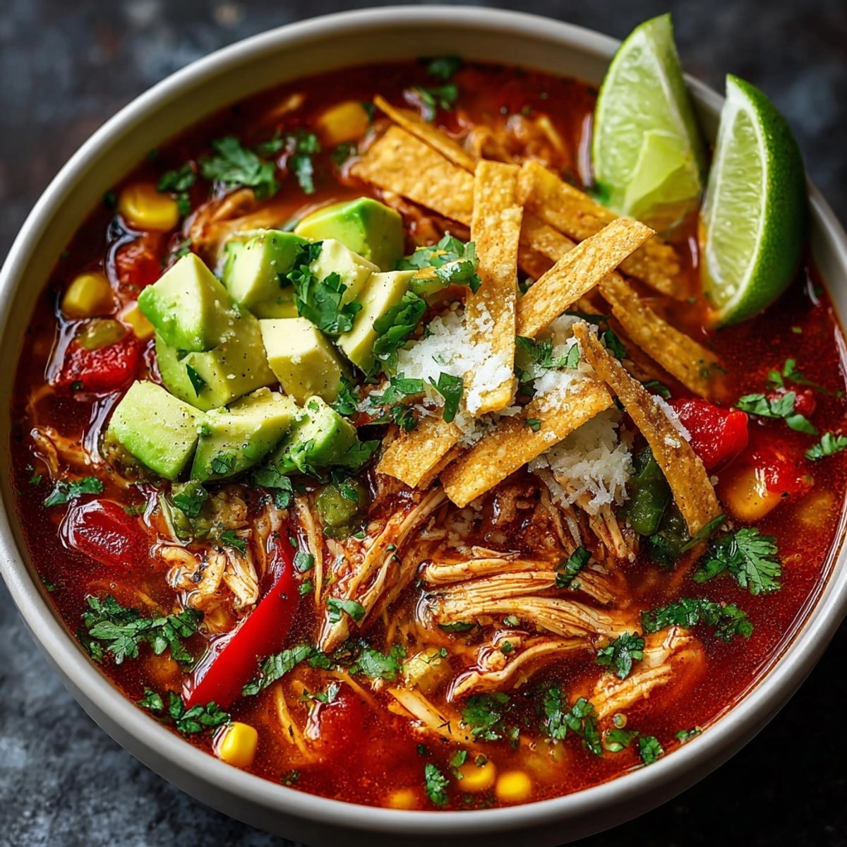 Creamy Avocado Chicken Tortilla Soup, topped with fresh cilantro and crispy fried tortilla strips.