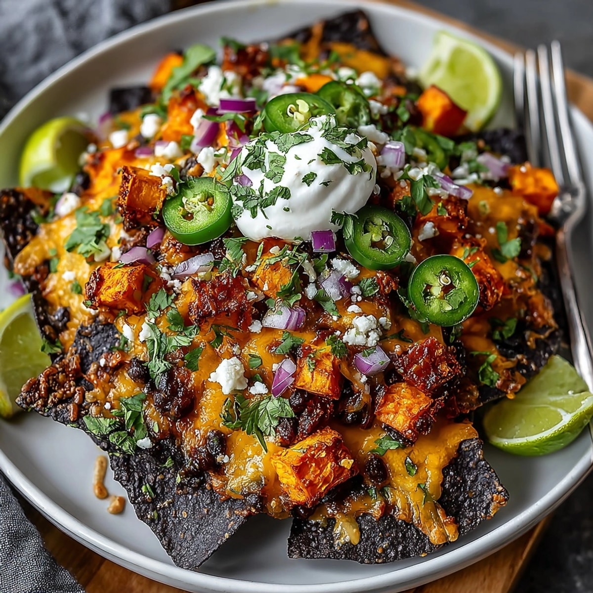 Golden, melted cheddar blankets crispy black chips for easy cheesy Midnight Nachos.