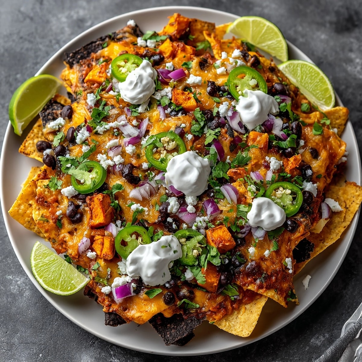 Loaded Midnight Nachos—a quick Tex-Mex snack with sweet potato, beans, cheese, and zest.