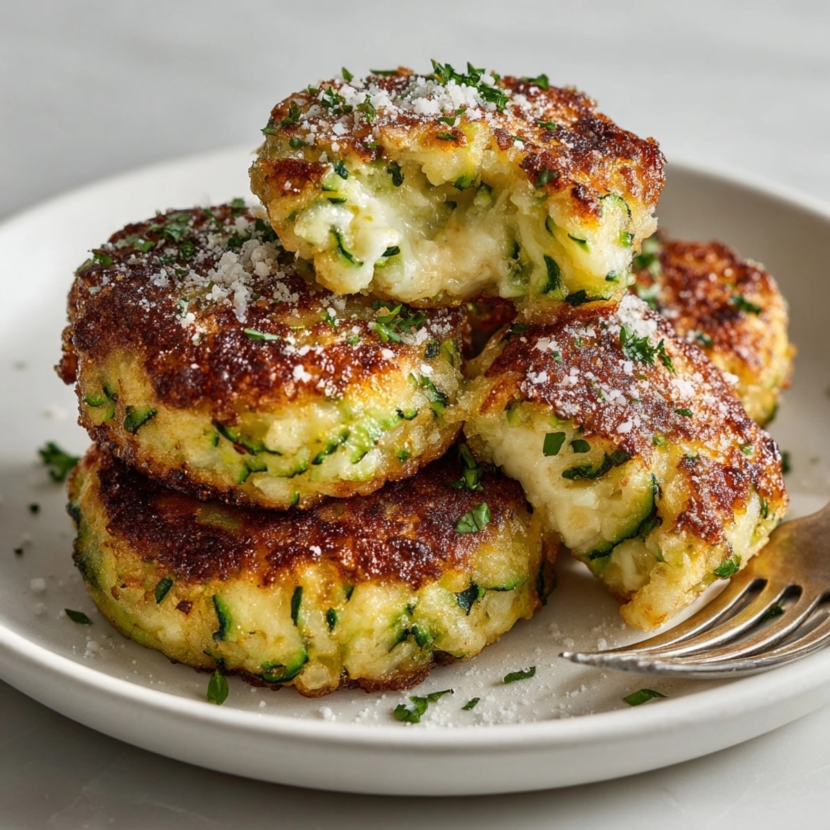 Golden-brown Ricotta Zucchini Fritters, fresh parsley visible, ready to enjoy as a snack.