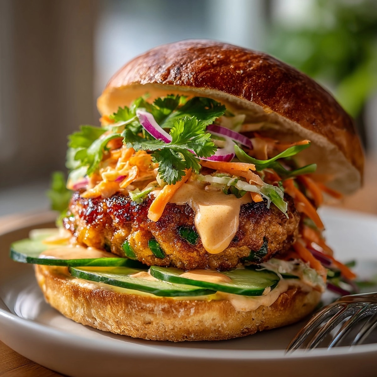 Close-up of a flavorful Thai Peanut Turkey Burger topped with crisp carrots and cilantro.