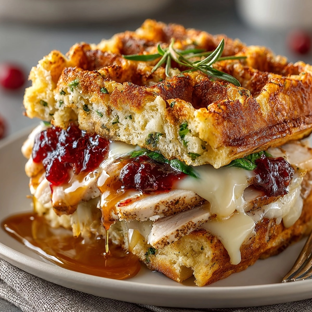 Crispy Thanksgiving Leftovers Waffle Sandwiches, a golden, savory waffle stacked with turkey and cranberry.