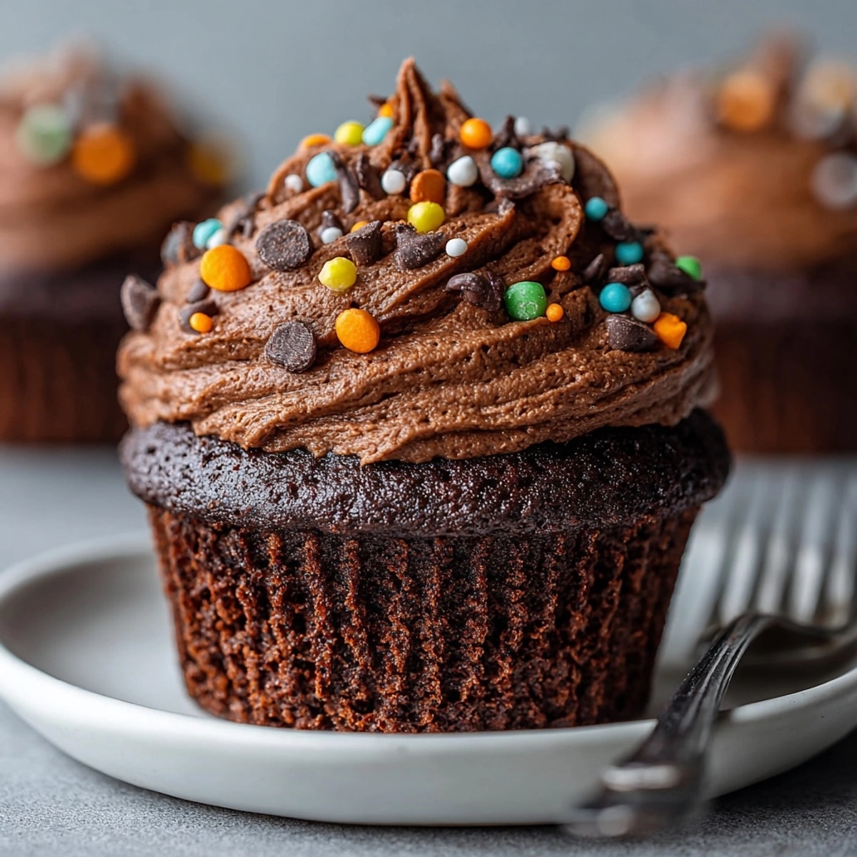 Top-down view of frosted Allergy-Friendly Chocolate Halloween Cupcakes with spooky sprinkles.