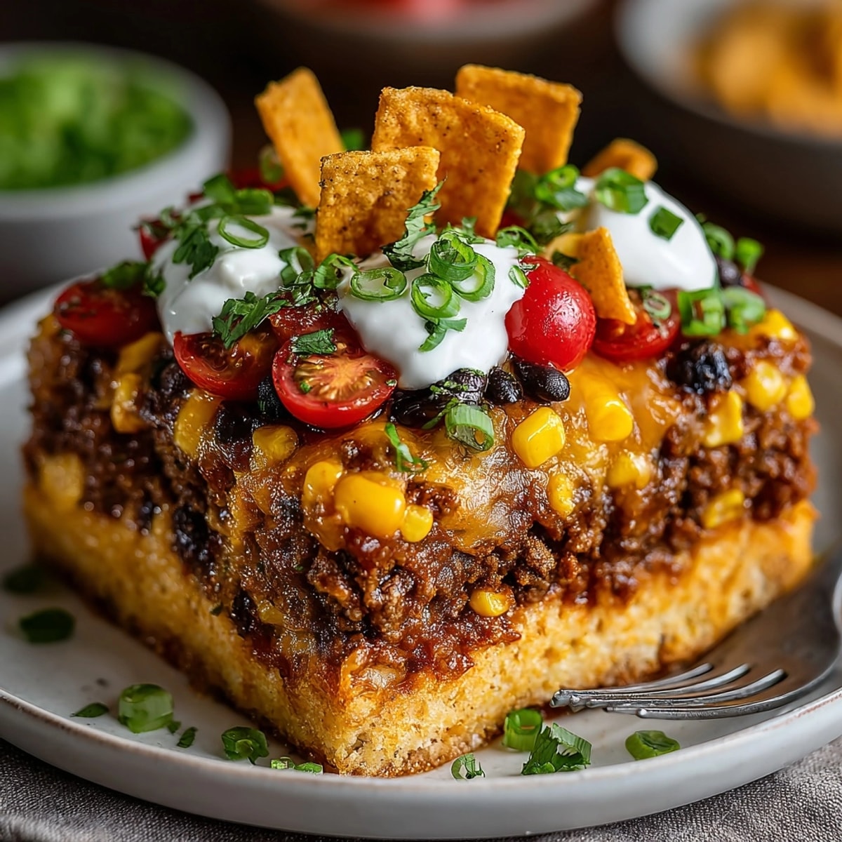 Top-down view of Graveyard Taco Casserole with tombstone chips and fresh garnishes.