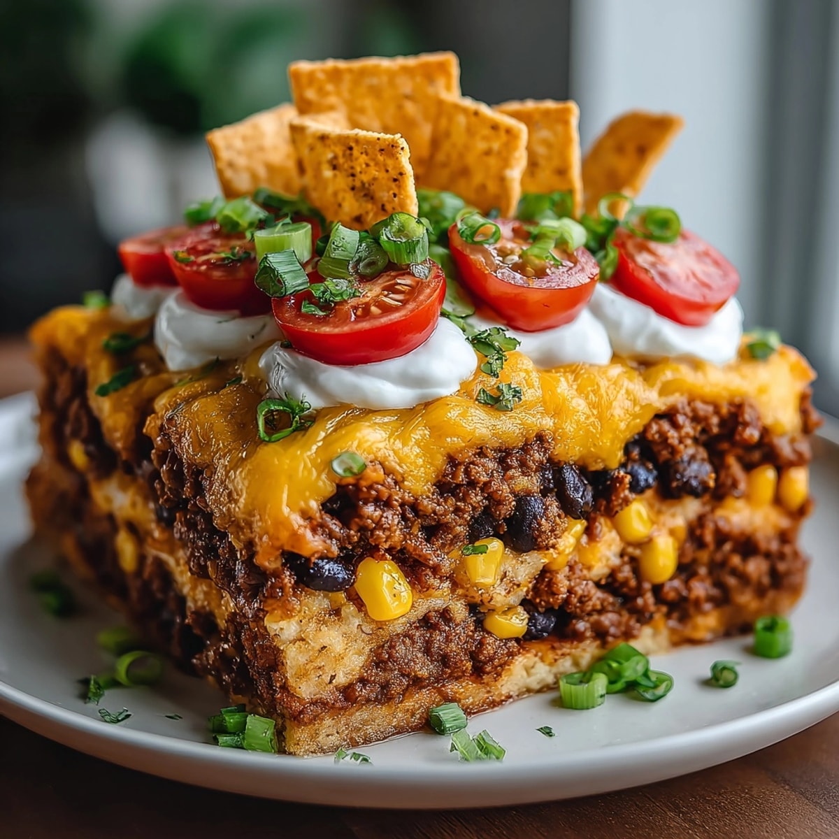 Melted cheese bubbles atop a steaming Graveyard Taco Casserole, ready to serve.