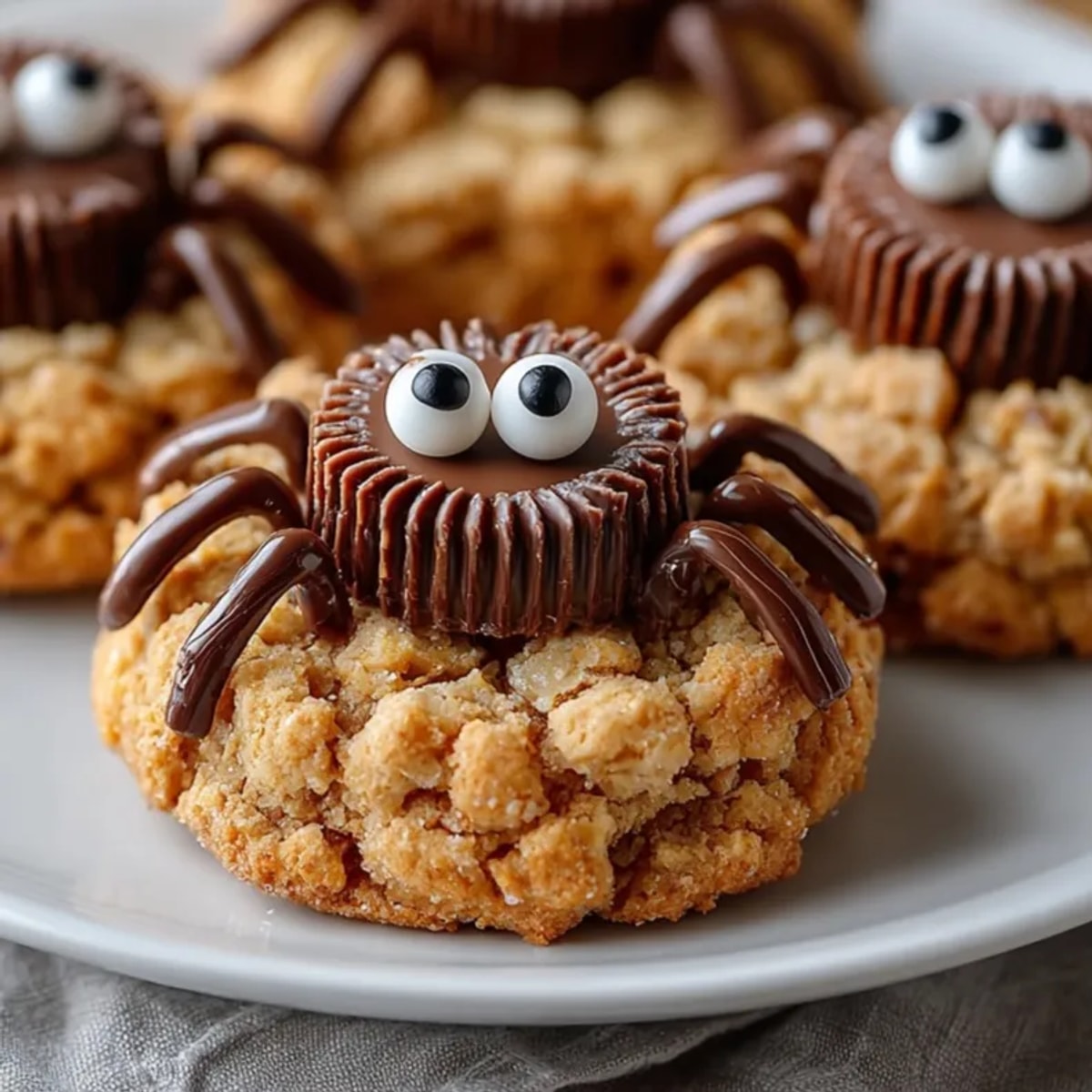 Close-up of chewy Peanut Butter Spider Cookies with candy eyes and piped chocolate legs.