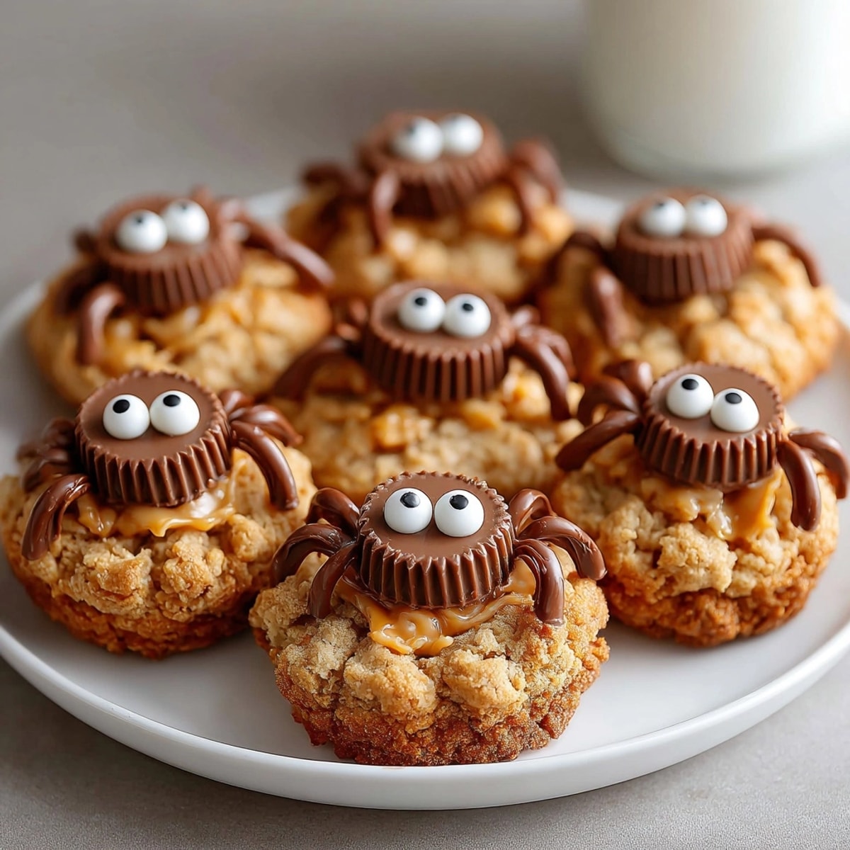 Overhead shot of festive Peanut Butter Spider Cookies, a delicious Halloween treat.
