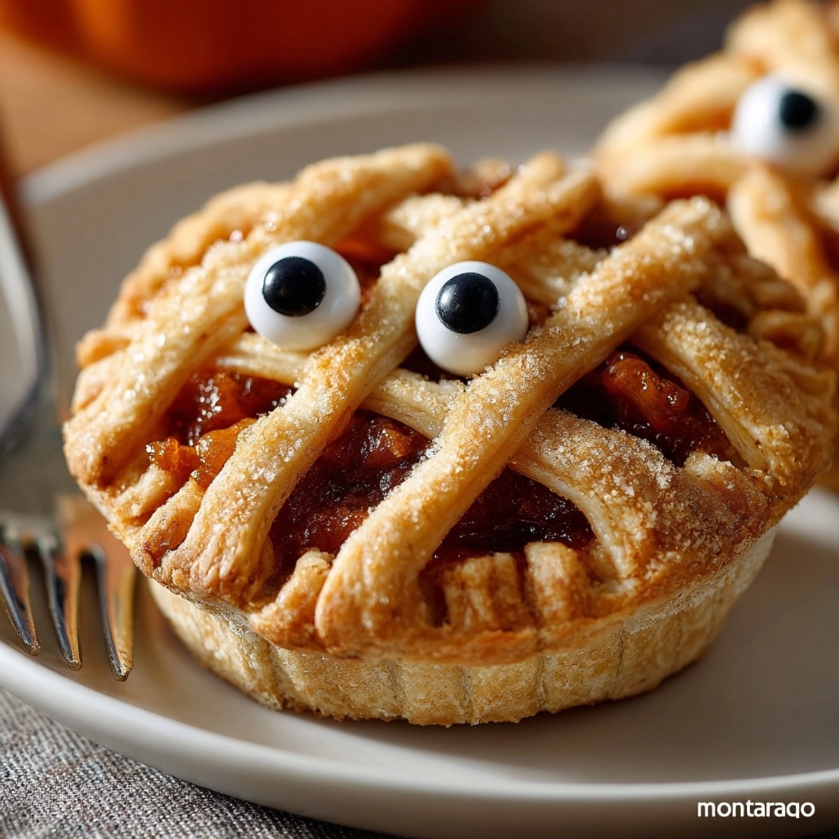 Golden-baked Mummy Pumpkin Hand Pies with candy eyes, flaky crust and warm filling.