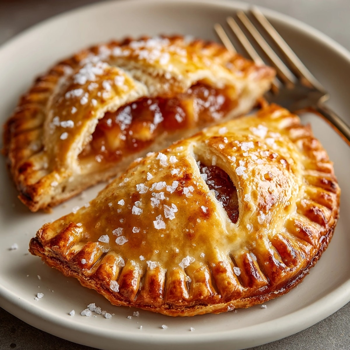 Close-up showing the flaky layers of Apple Butter Hand Pies, sugared and perfectly baked.