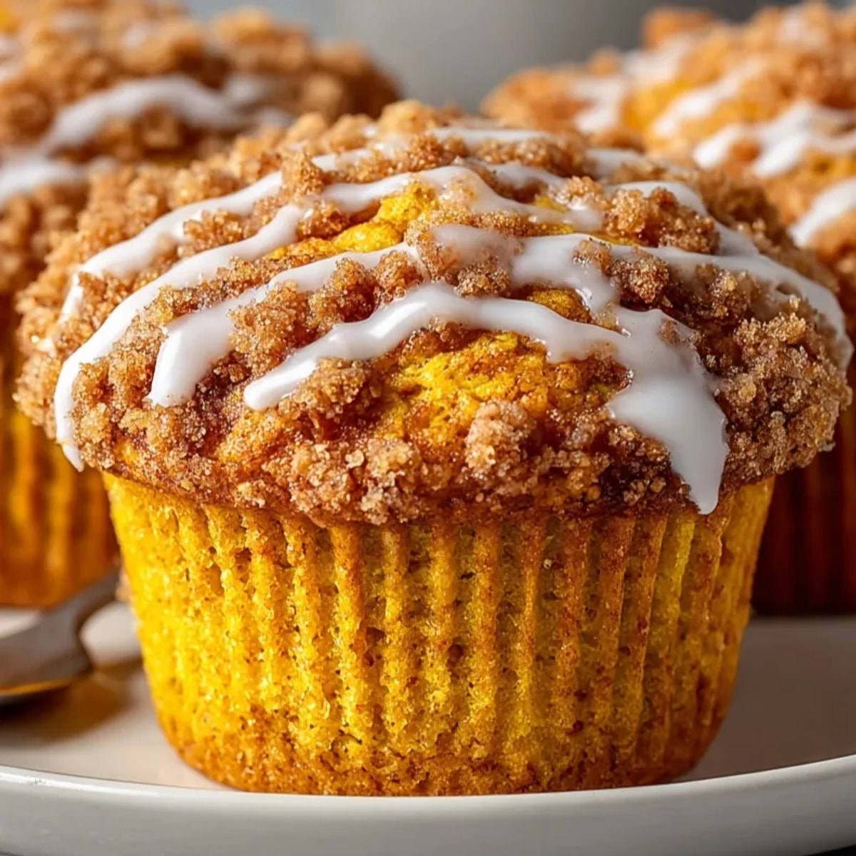 Golden Pumpkin Spice Coffee Cake Muffins, cinnamon streusel glistening, fresh baked goodness.