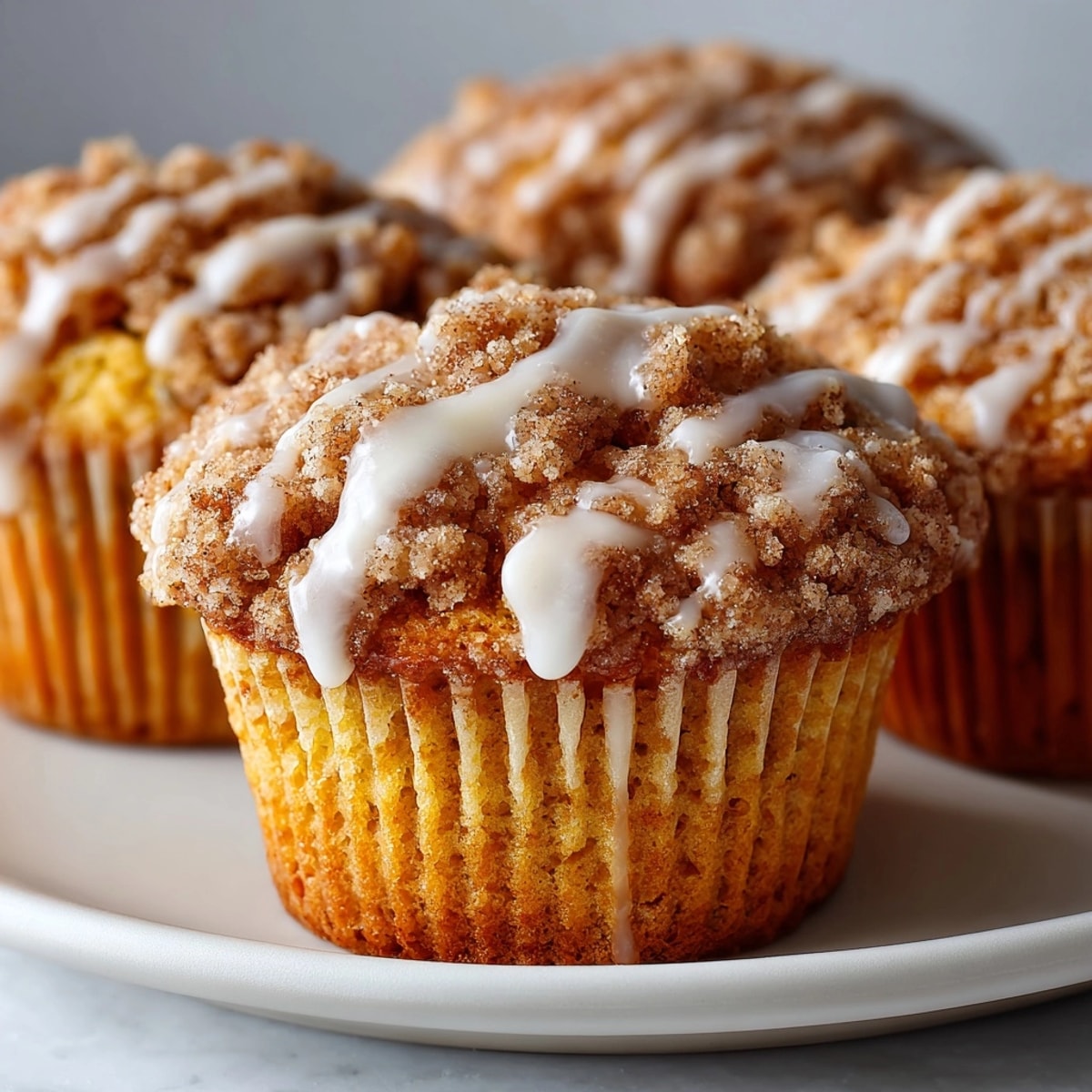 Warm, glazed Pumpkin Spice Coffee Cake Muffins; enjoy this moist, spiced autumn treat.