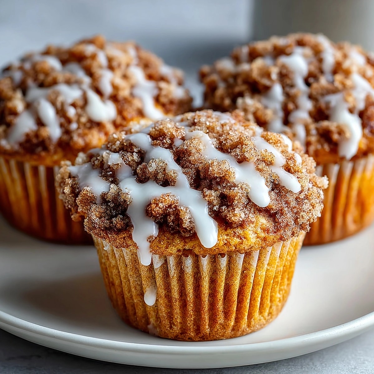 Close-up: Pumpkin Spice Coffee Cake Muffins recipe showcasing the streusel & light glaze.