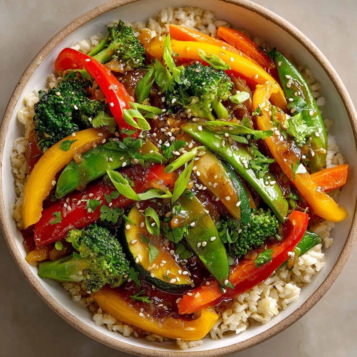 Close-up of vibrant Veggie Stir Fry with Brown Rice, glistening with savory sauce.