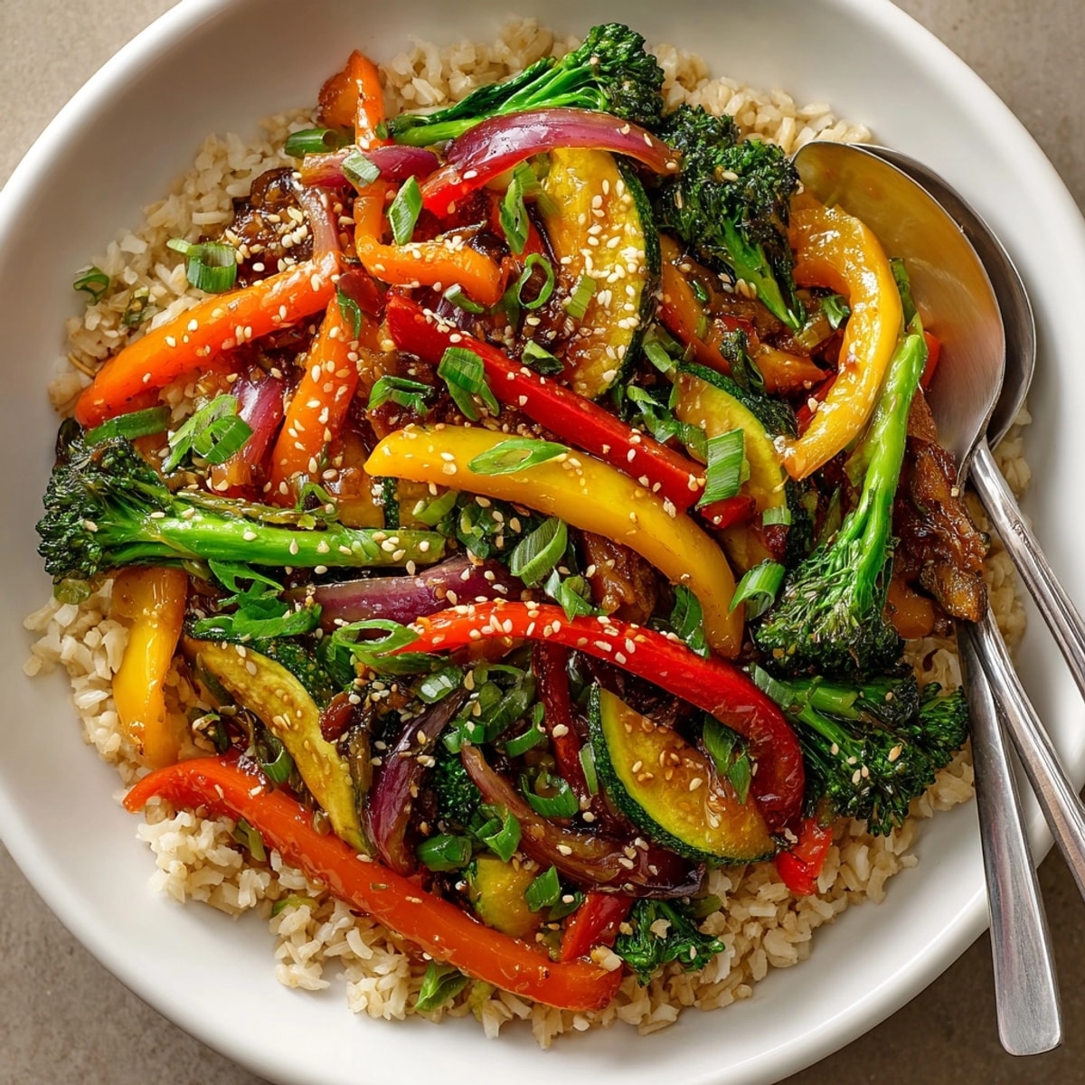 Golden brown rice topped with colorful Veggie Stir Fry, sprinkled with sesame seeds.
