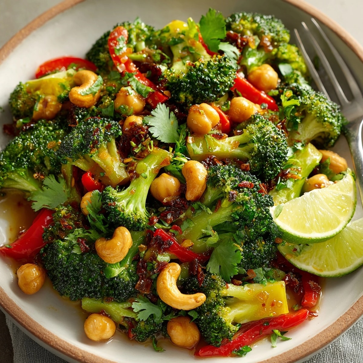One-Pot Chickpea Cashew Broccoli Skillet, featuring vibrant broccoli and browned cashews ready to eat.