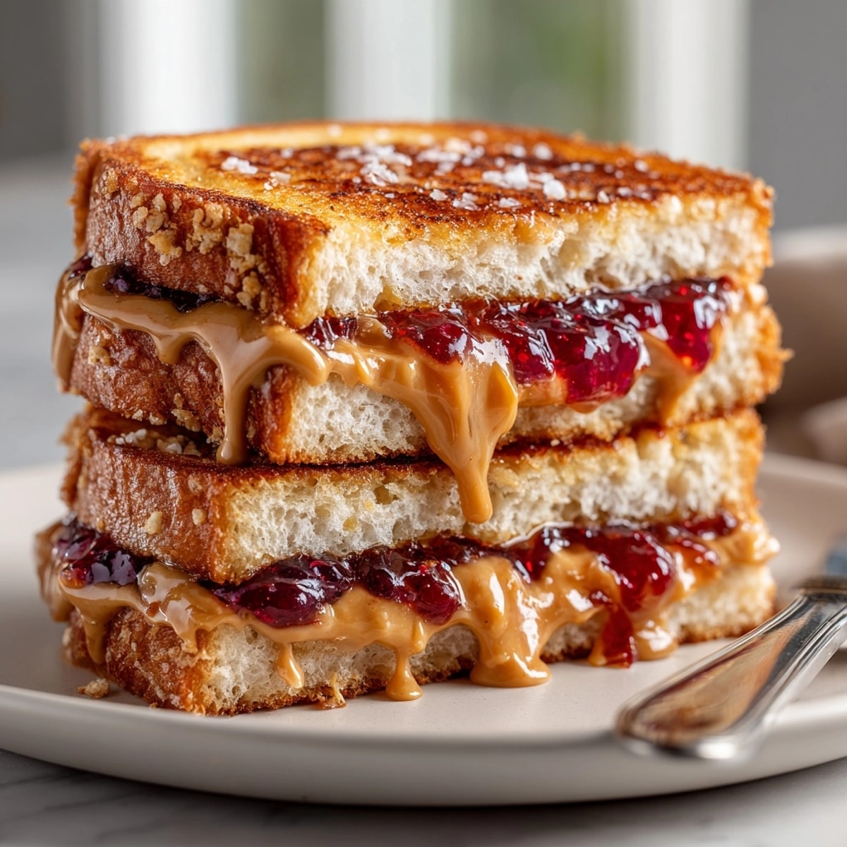 Golden Air-Fried PB&J sandwich, oozing with warm peanut butter and sweet strawberry jelly.