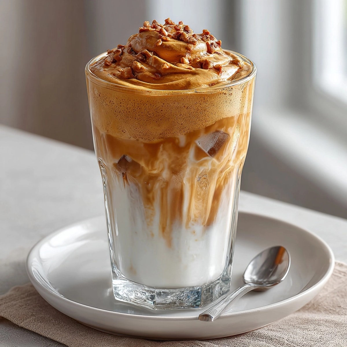 Close-up of creamy, golden Dalgona Coffee topping swirling into cool milk in a glass.