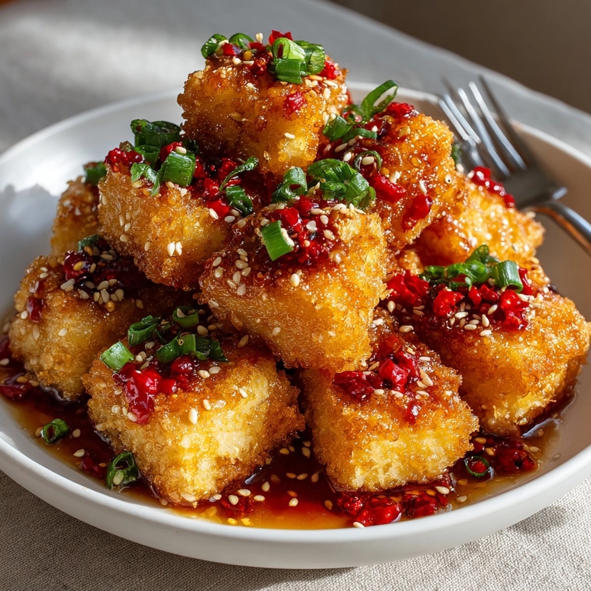 Crispy Spicy Honey Garlic Tofu cubes glistening with a rich, sticky sauce, fresh from the pan.