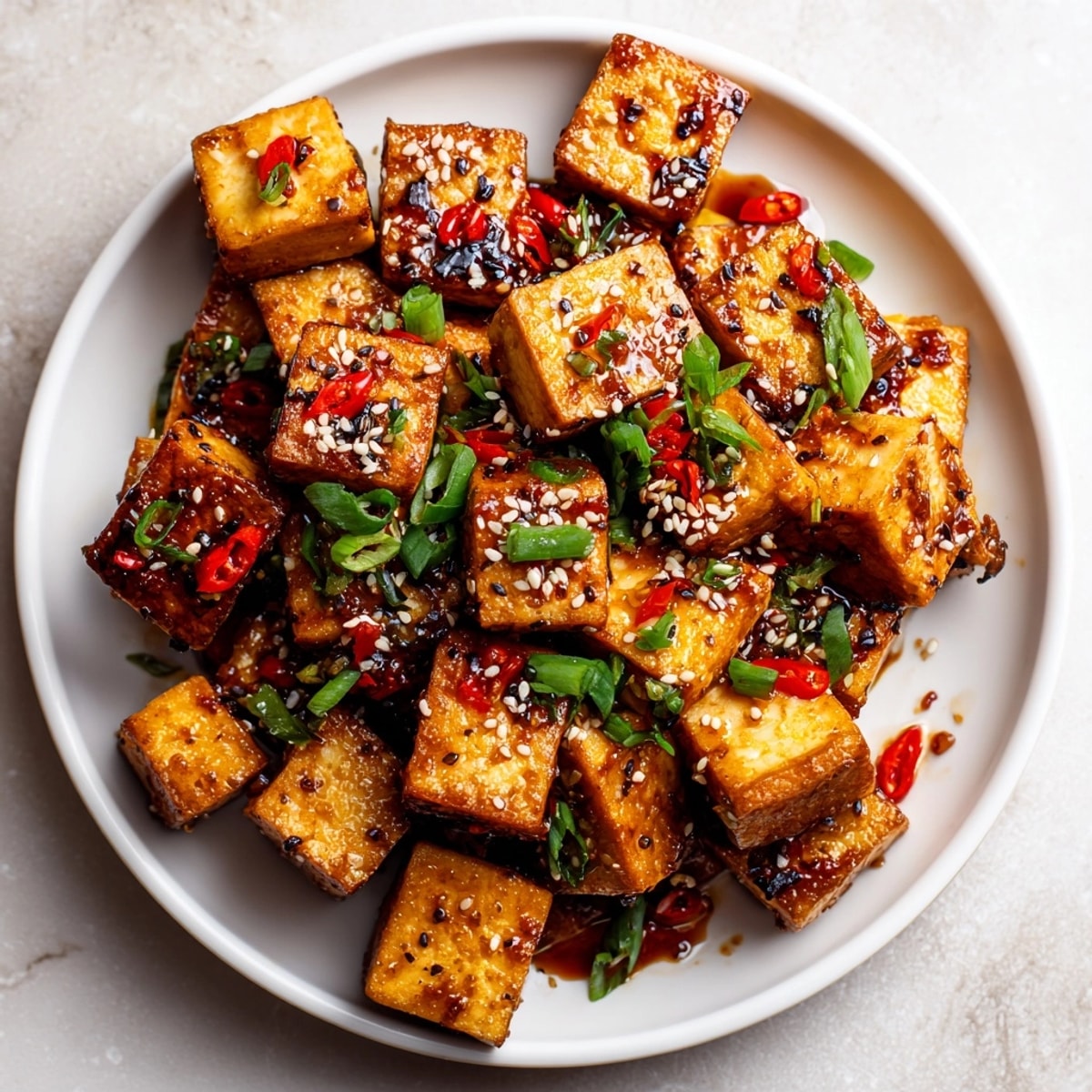 A close-up of glazed Spicy Honey Garlic Tofu, showcasing its texture and appetizing color.