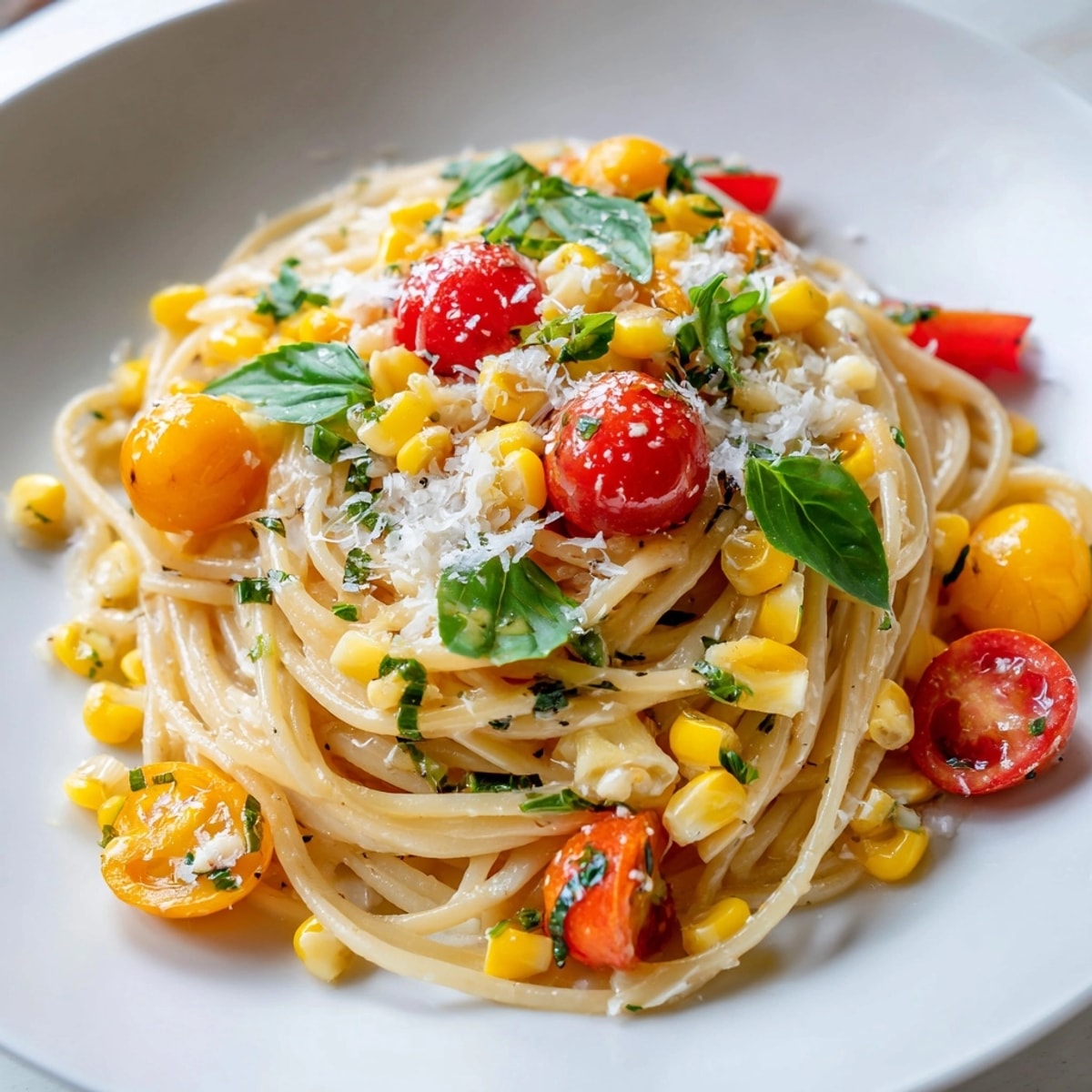 Close-up photo: Creamy Corn and Basil Pasta with bright basil garnish and grated parmesan.