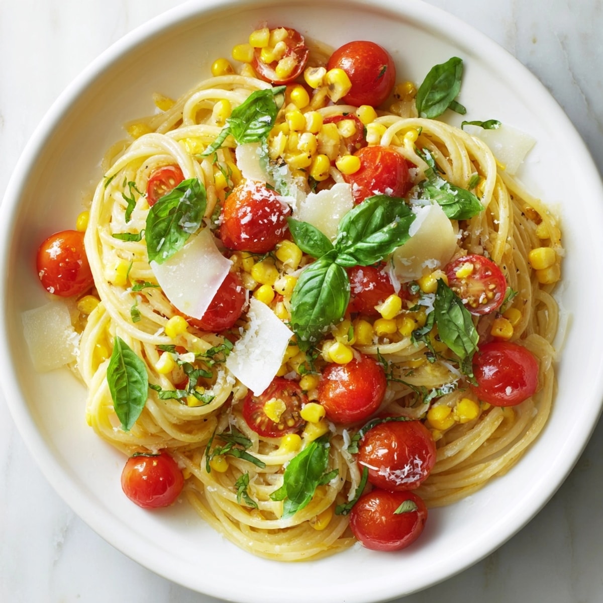 Overhead shot of Corn and Basil Pasta shimmering with olive oil; summer dinner perfection.