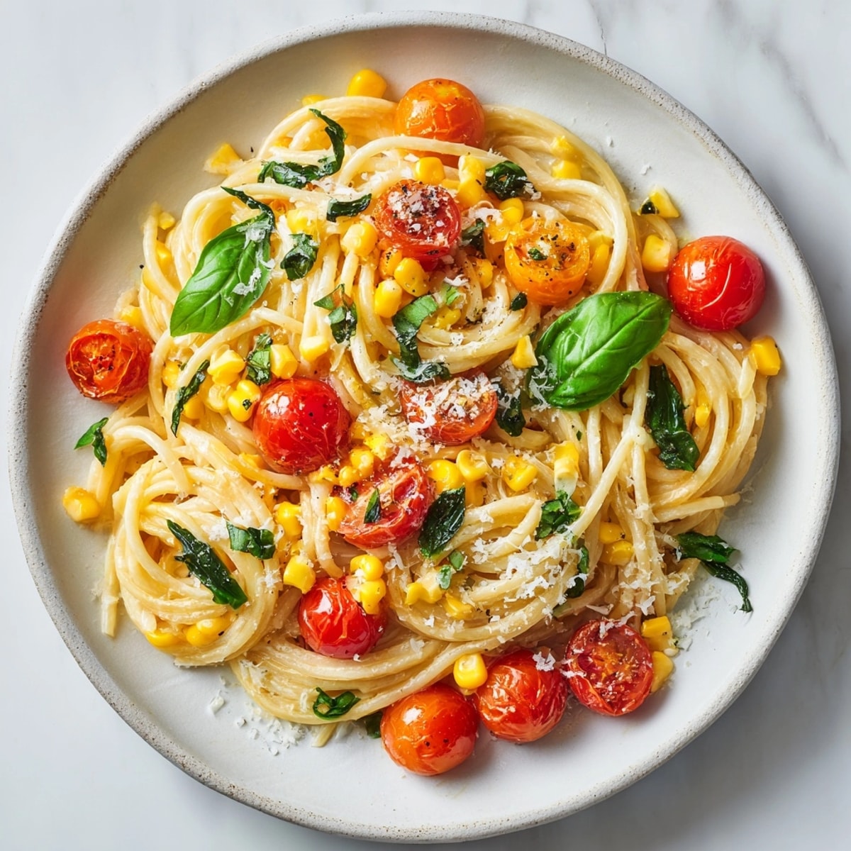 A delicious bowl of Corn and Basil Pasta ready to eat, featuring fresh ingredients.