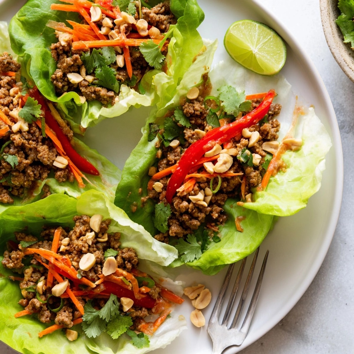 Close-up of vibrant Thai Peanut Turkey Lettuce Wraps, bursting with color from crisp veggies.