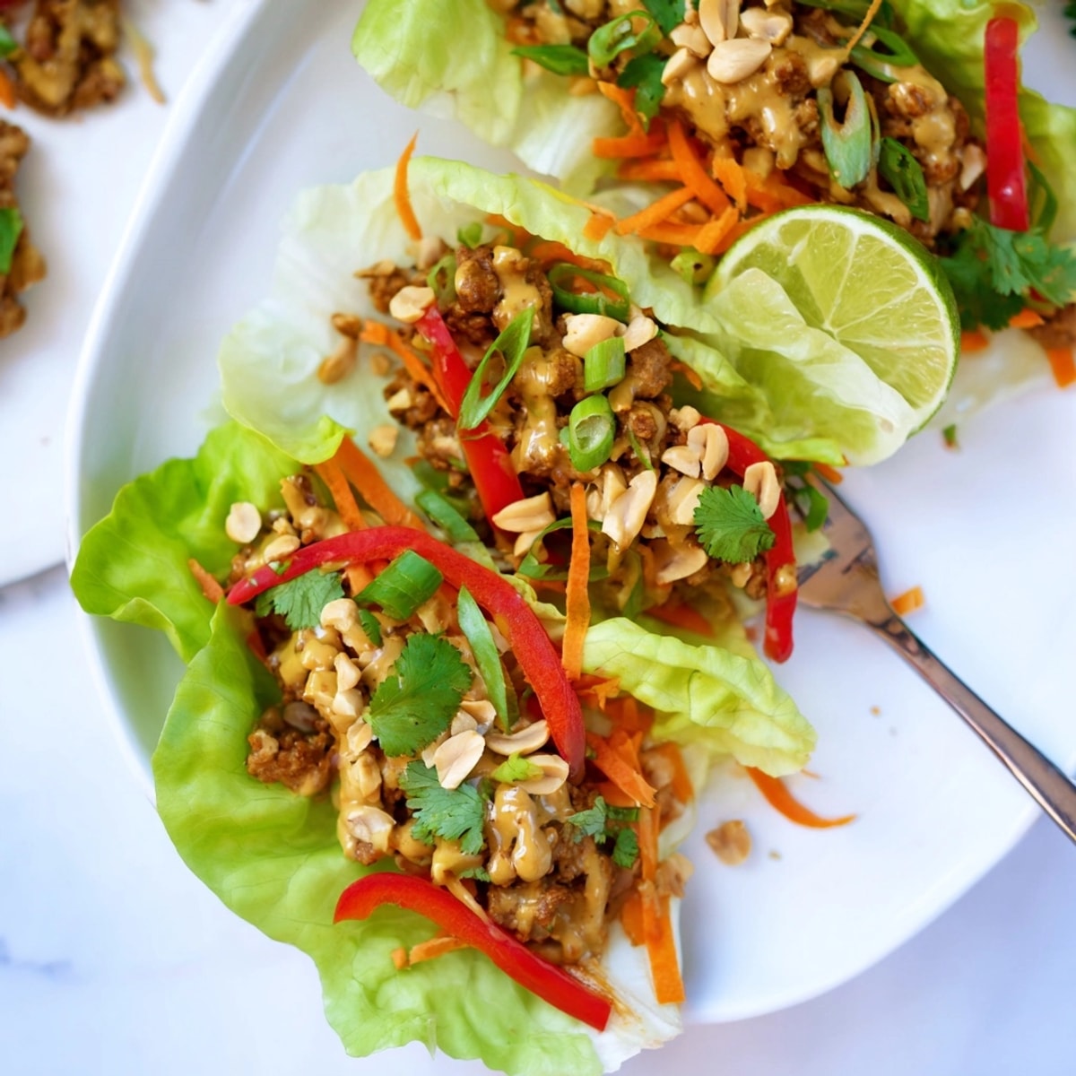 Golden ground turkey filling for Thai Peanut Turkey Lettuce Wraps, ready to be spooned onto lettuce.