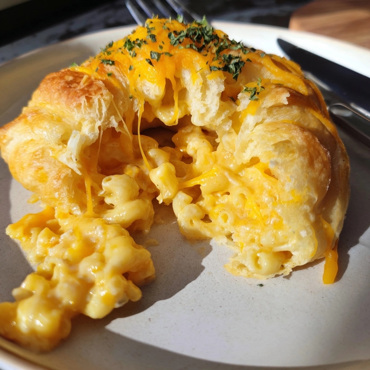 Golden Mac and Cheese Stuffed Crescent Rings: Melty cheese peeks from flaky dough.