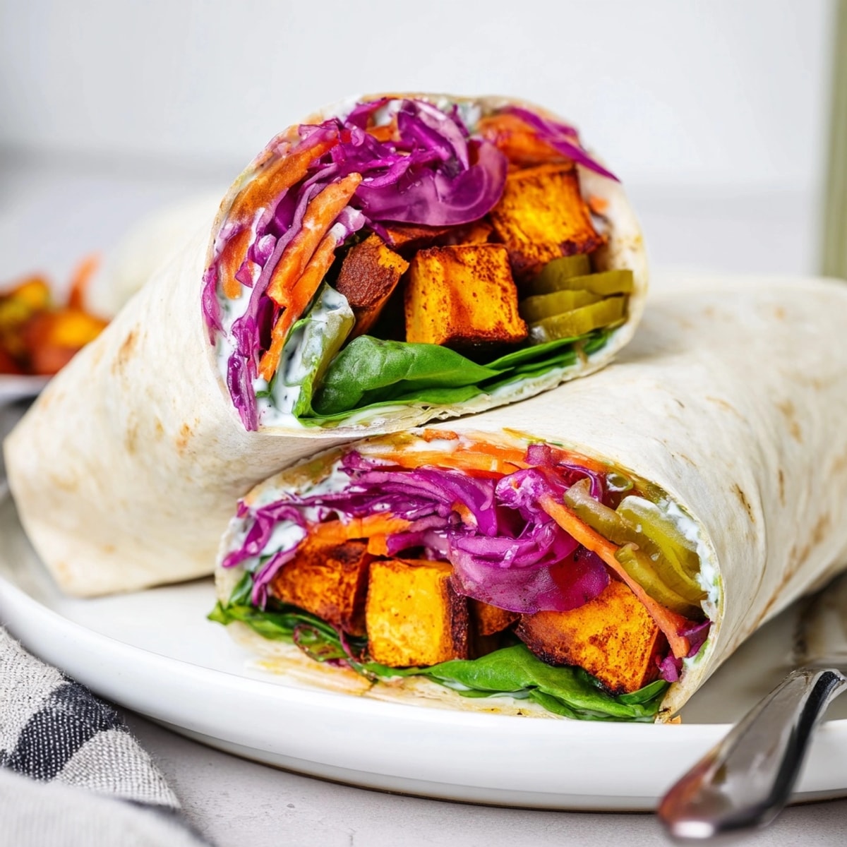 Close-up Sweet Potato & Pickle Chip Wrap: toasted tortilla filled with colorful ingredients.