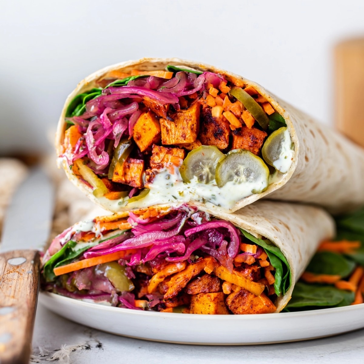 Golden roasted sweet potatoes and tangy pickle chips peek from an assembled wrap.