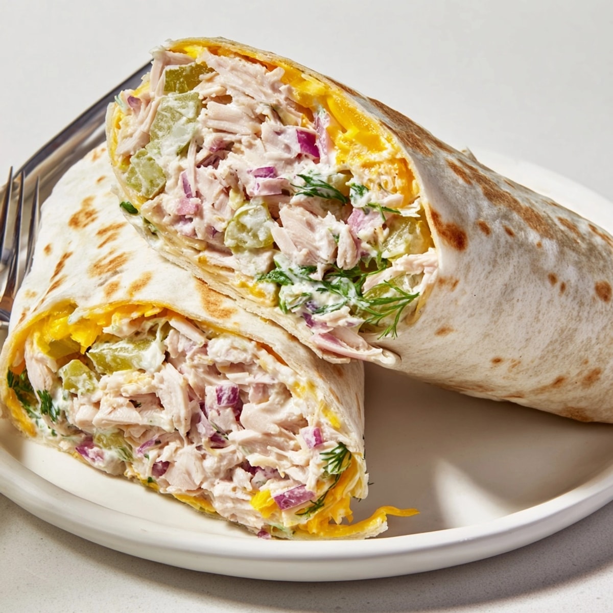 Creamy Ranch Pickle Chicken Melt Wraps filling stuffed in soft tortilla, a tasty recipe.