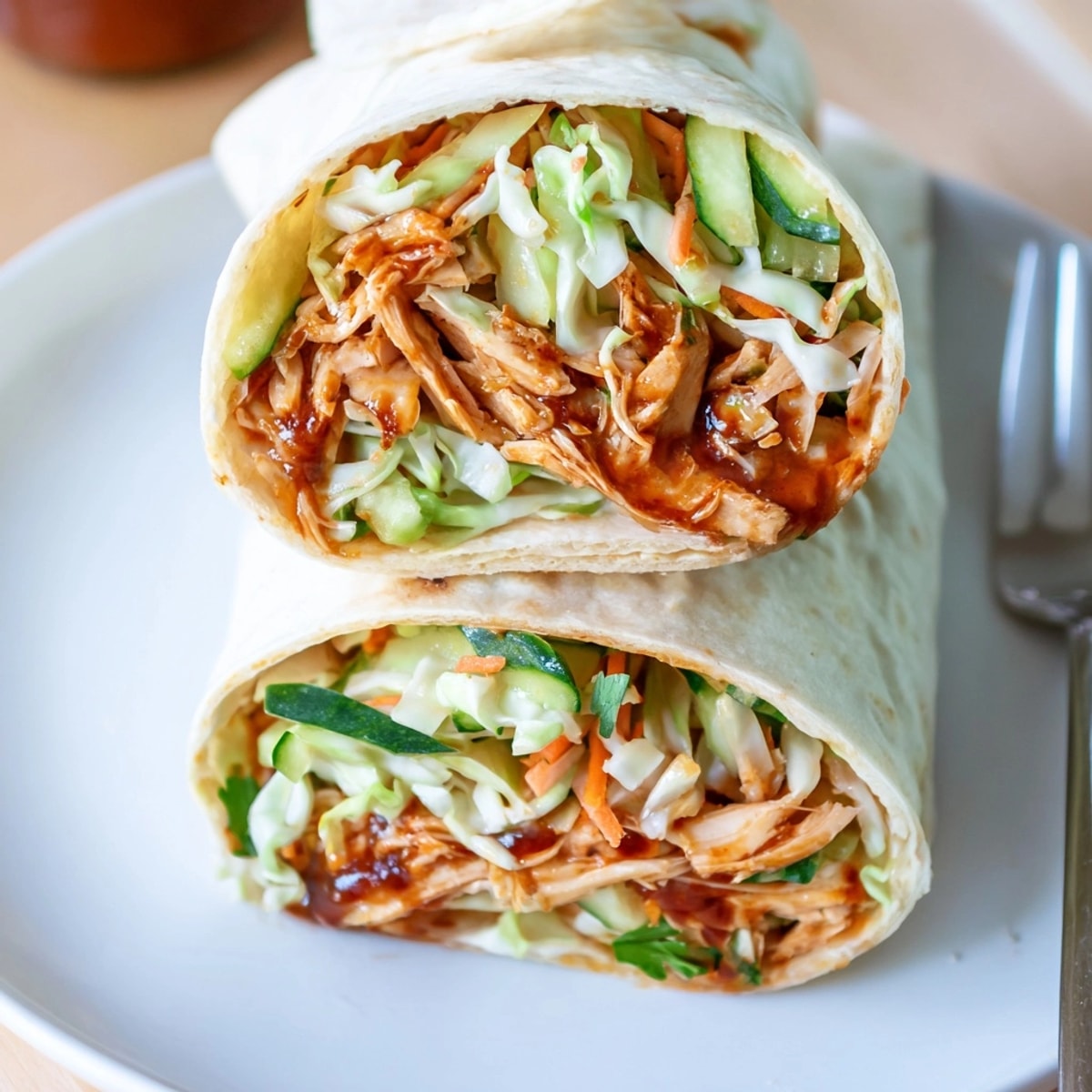 Close-up of a juicy BBQ Chicken Pickle Slaw Wrap, ready to be enjoyed.