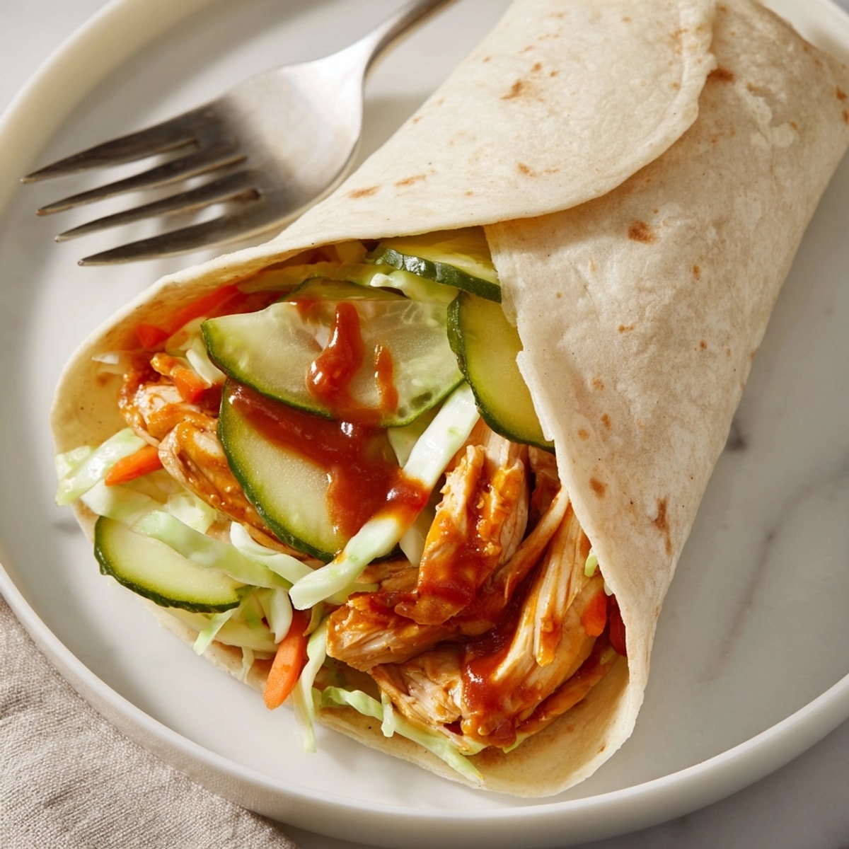 Savory BBQ Chicken Pickle Slaw Wraps with vibrant green slaw filling a soft tortilla.