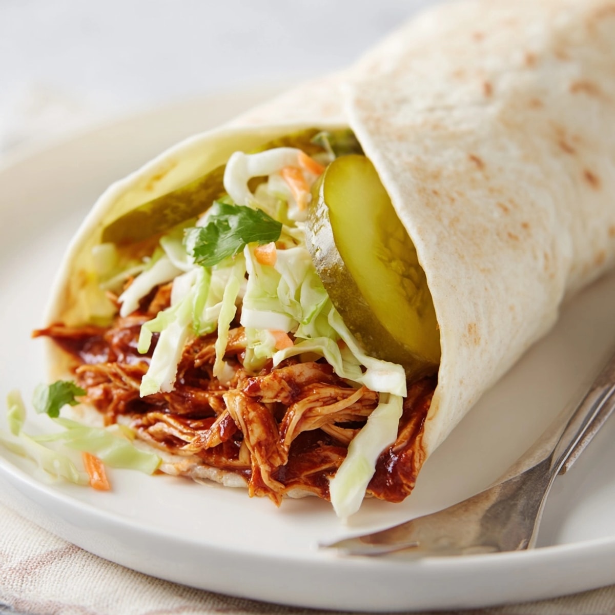 Homemade BBQ Chicken Pickle Slaw Wraps on a rustic wooden board, garnished with cilantro.