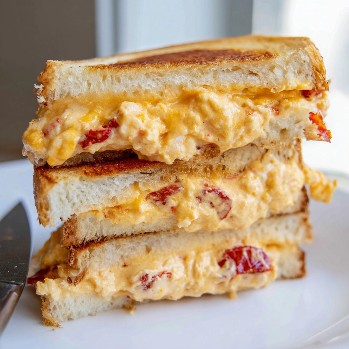 Buttery Pimento Cheese-Stuffed Grilled Cheese with melty, tangy center, browned to perfection on a hot griddle.