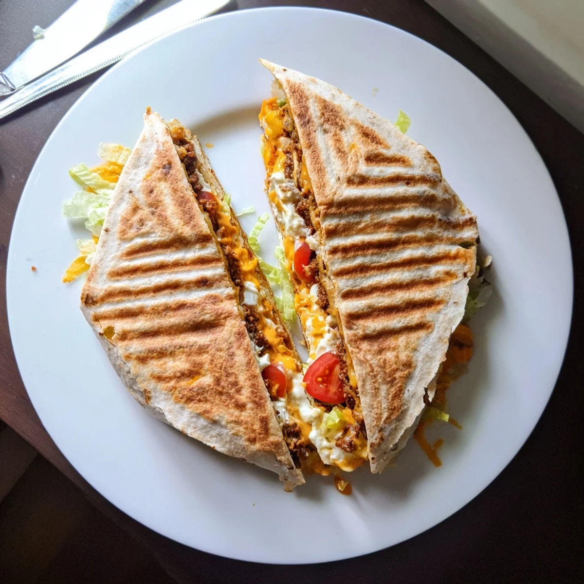 Golden brown Taco Bell Crunchwrap Supreme Copycat, bursting with melty cheese and toppings.  