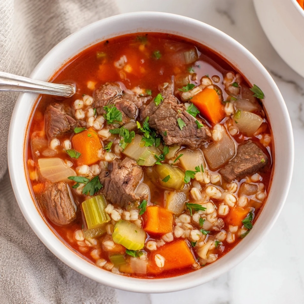 A steaming bowl of Beef and Barley Soup filled with tender meat and vegetables.  