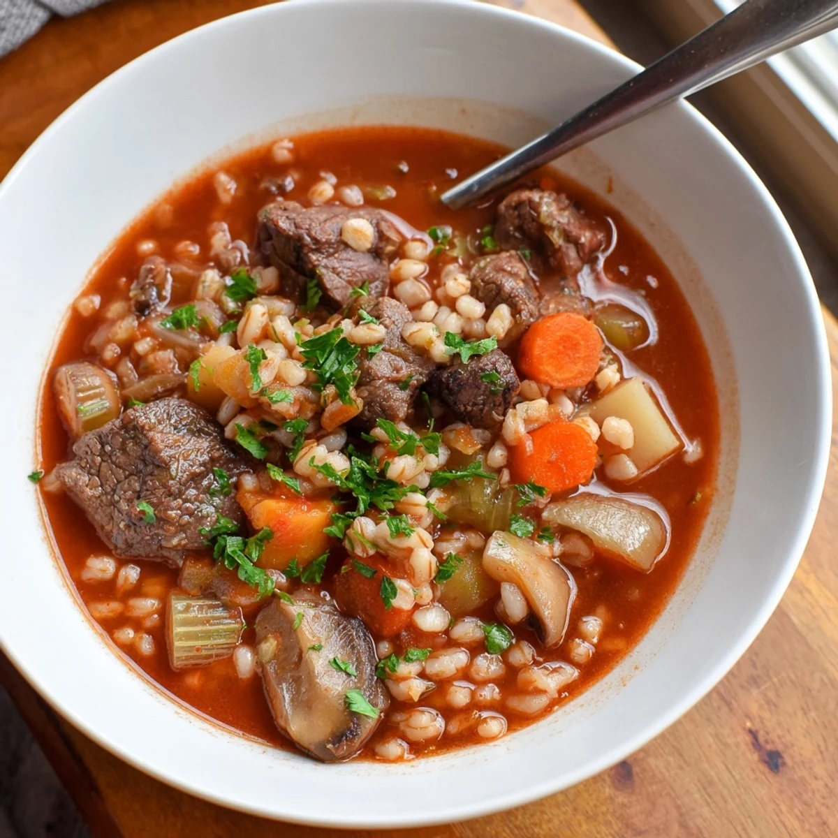 Comforting Beef and Barley Soup simmered to perfection, rich in flavor and nutrients.