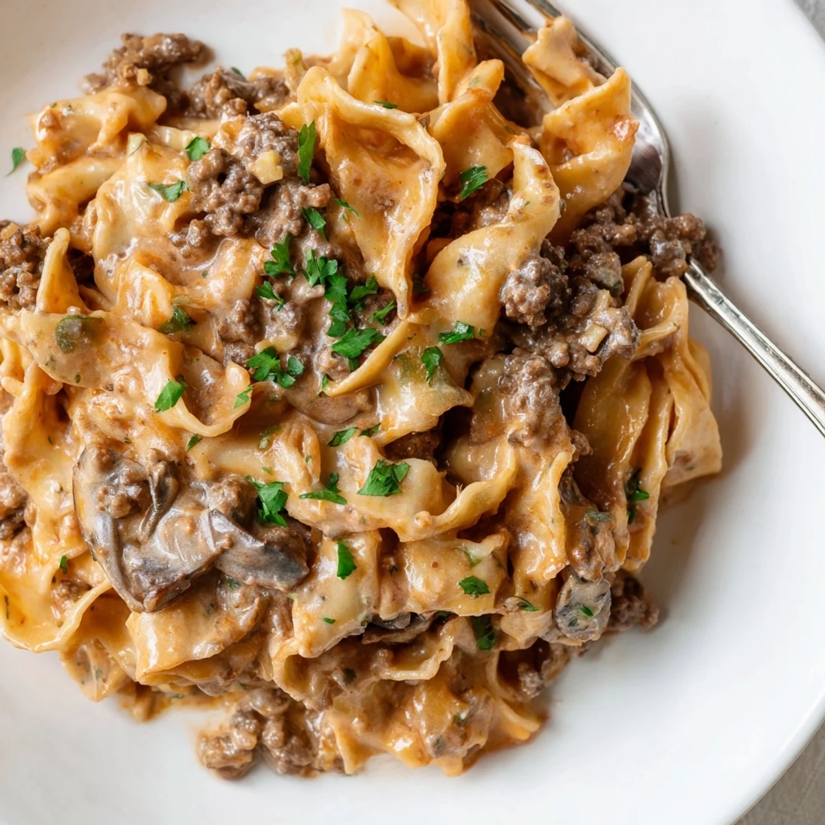 Creamy taco seasoned ground beef stroganoff served over tender egg noodles.  