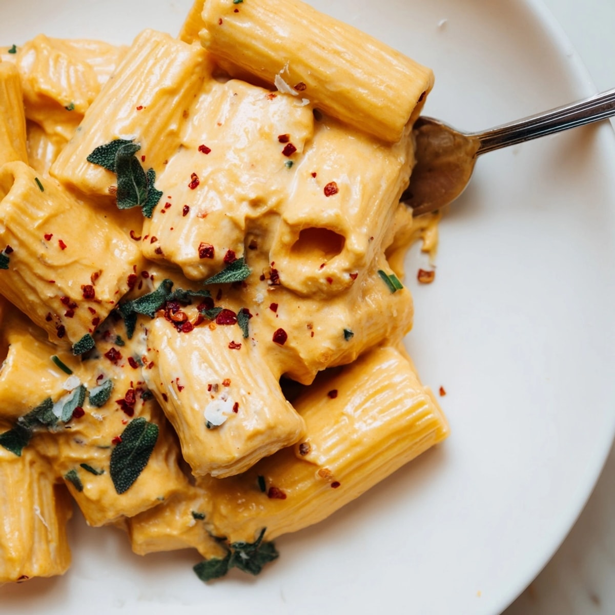 Close-up of creamy Whipped Ricotta Pumpkin Pasta, topped with fresh sage and Parmesan.