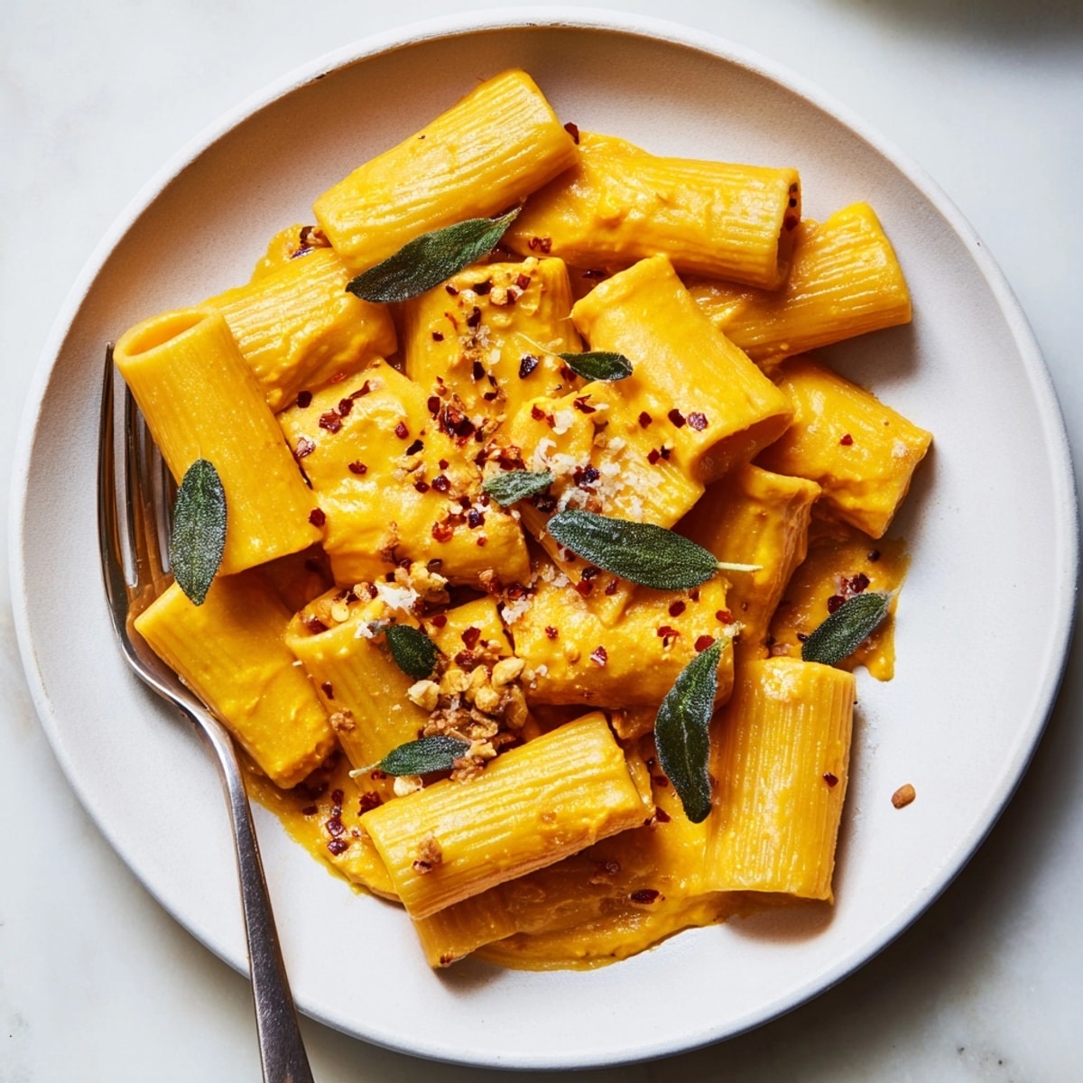 Warm bowl of savory Whipped Ricotta Pumpkin Pasta with aromatic nutmeg and herbs.