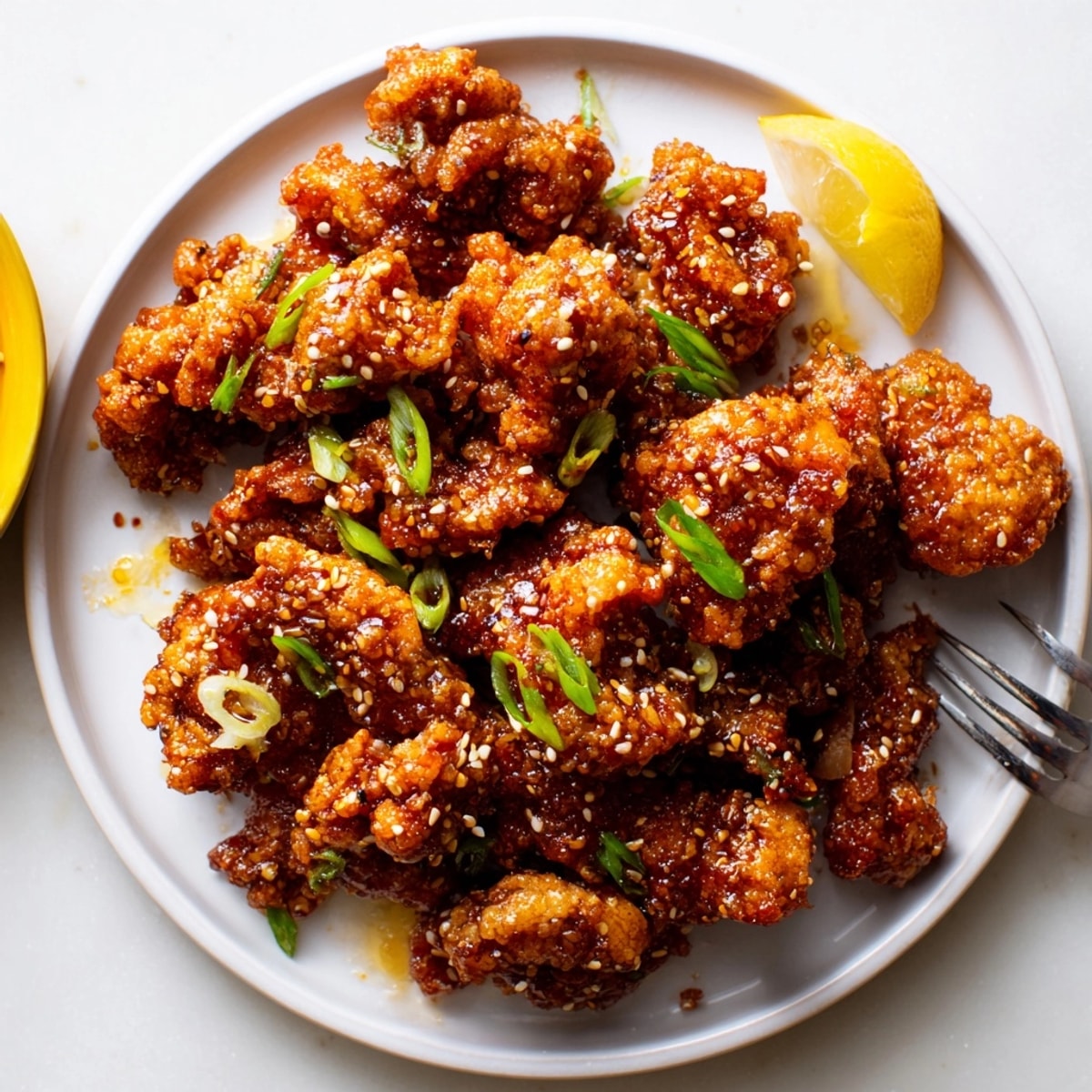 Imagine savory-sweet Japanese Karaage with Sweet Chili Glaze, garnished with green onions and lemon.